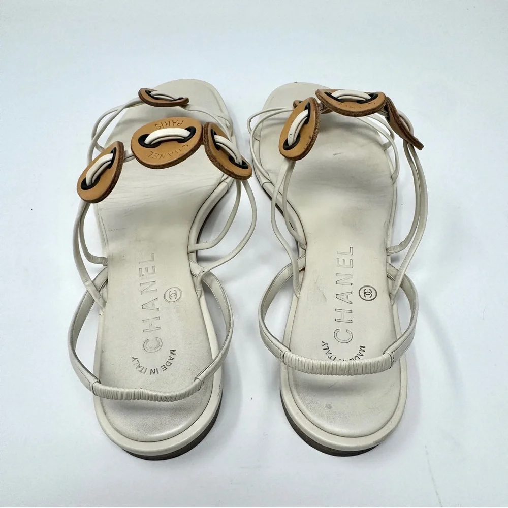 Chanel Flat Thong Sandals Cream with Brown Leather Medallions